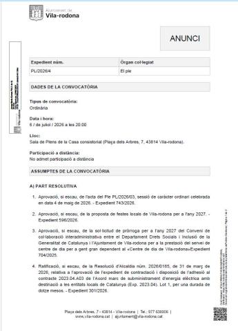 Anunci convocatòria Ple Ordinari